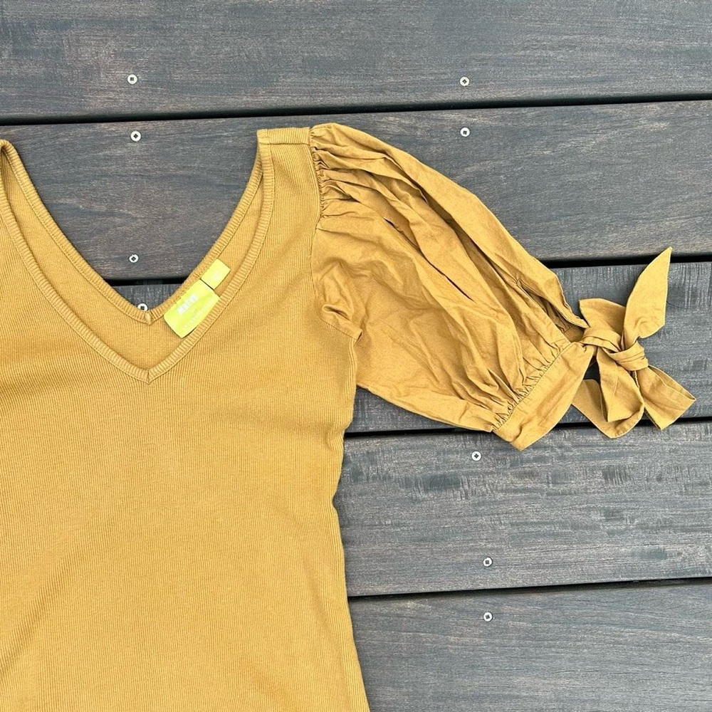 Mustard Yellow Gold Maeve by Anthropologie Ribbed Top w/ Puff Bow Short Sleeves - Picture 2 of 7